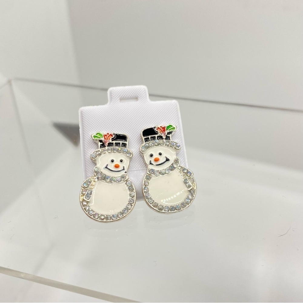 Snowman Silver-Tone White Enamel Rhinestone Pierced Earrings